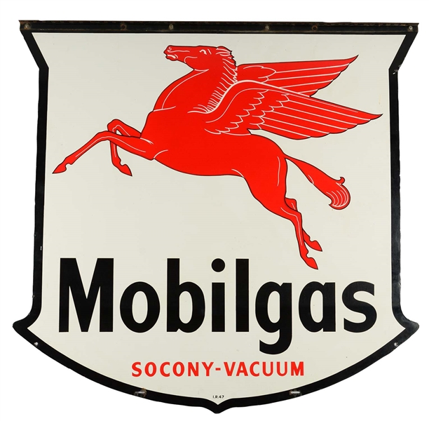 MOBILGAS SOCONY-VACUUM STATION IDENTIFICATION PORCELAIN SIGN W/ PEGASUS GRAPHIC & BLACK OUTLINE.
