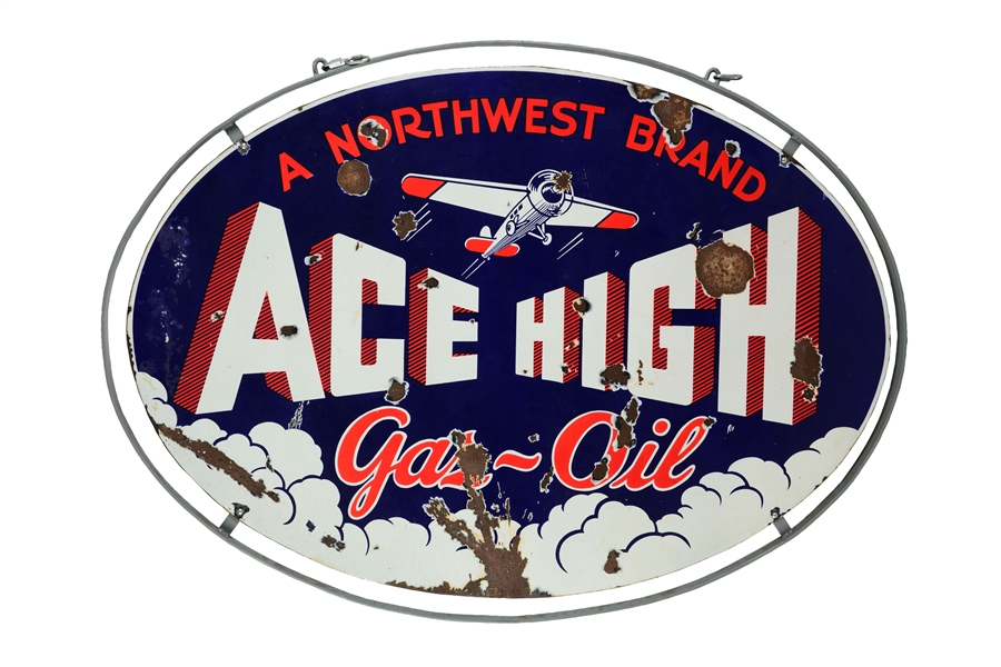 ACE HIGH GASOLINE & MOTOR OIL OVAL PORCELAIN SIGN W/ AIRPLANE GRAPHIC.