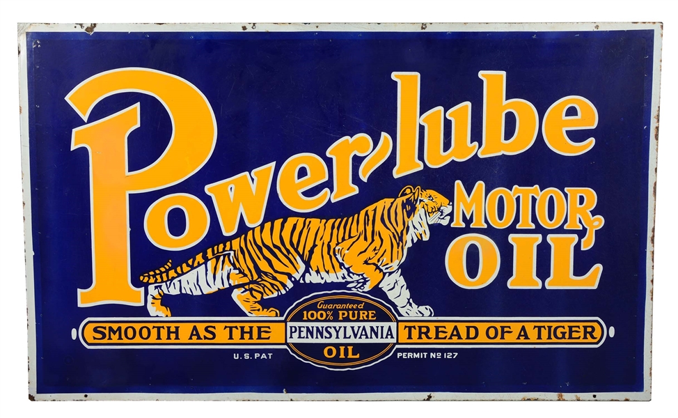 LARGE POWER-LUBE MOTOR OIL PORCELAIN SIGN W/ TIGER GRAPHIC.