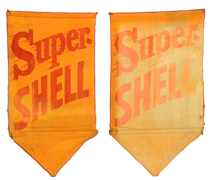 LOT OF 2: SUPER SHELL GASOLINE CANVAS BANNERS.