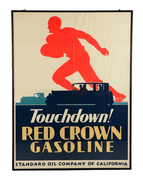 TOUCHDOWN RED CROWN GASOLINE FRAMED PAPER ADVERTISING POSTER.