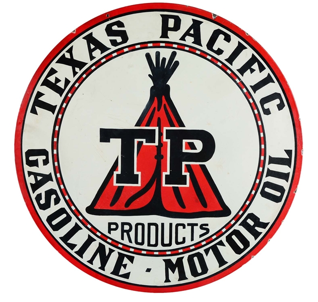 TP PRODUCTS TEXAS PACIFIC GASOLINE & MOTOR OIL PORCELAIN SIGN.