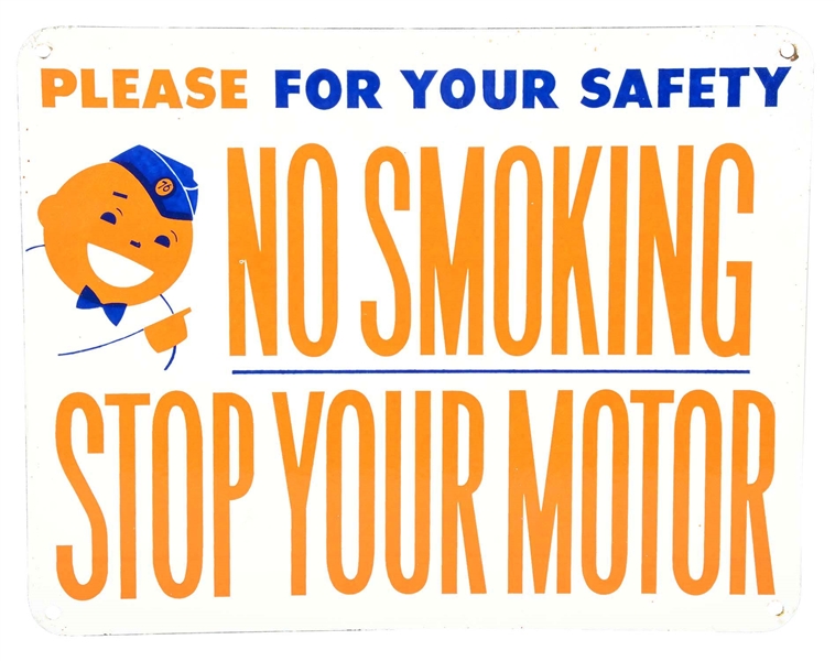 UNION 76 "NO SMOKING STOP YOUR MOTOR" PORCELAIN SIGN W/ SPEEDY GRAPHIC.