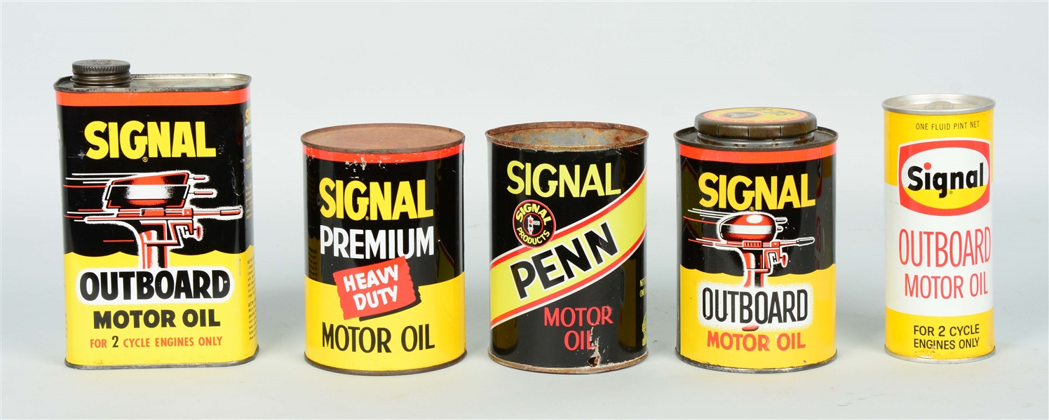 LOT OF 5: SIGNAL OIL COMPANY OIL CANS.