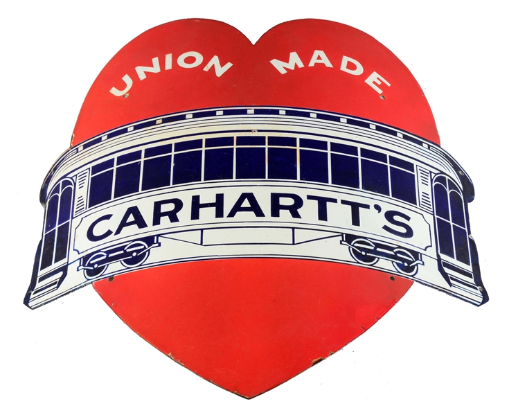 CARHARTTS UNION MADE WORKWEAR DIE-CUT CURVED PORCELAIN SIGN.