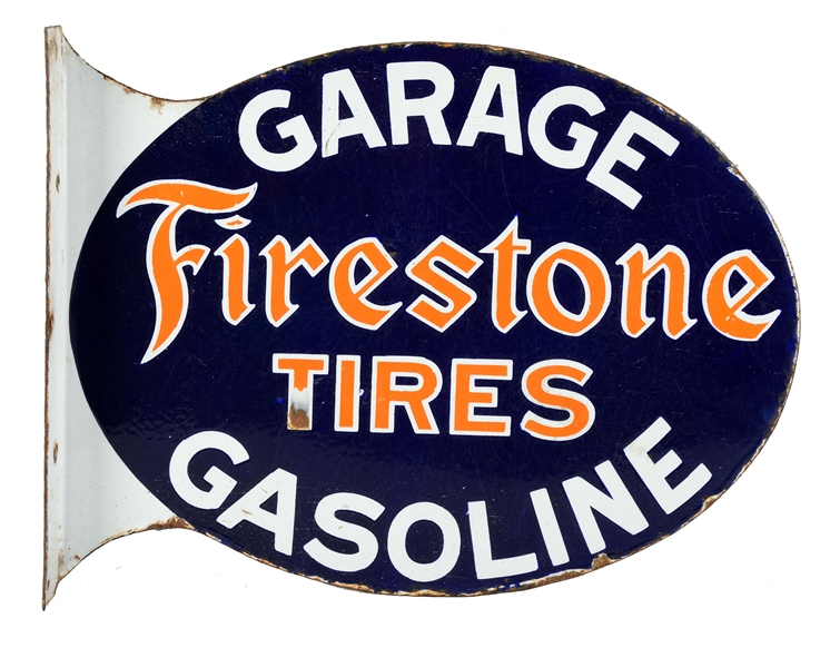 FIRESTONE TIRES GARAGE & GASOLINE PORCELAIN FLANGE SIGN.