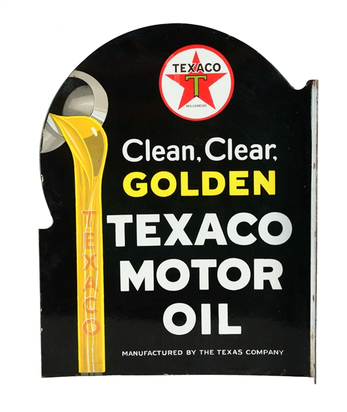 TEXACO MOTOR OIL CLEAN, CLEAR, GOLDEN PORCELAIN FLANGE SIGN.
