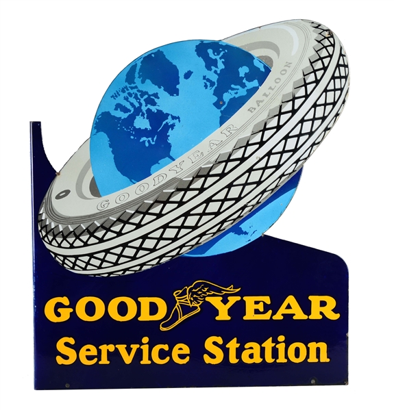 GOODYEAR TIRES SERVICE STATION PORCELAIN FLANGE SIGN W/ GLOBE GRAPHIC.