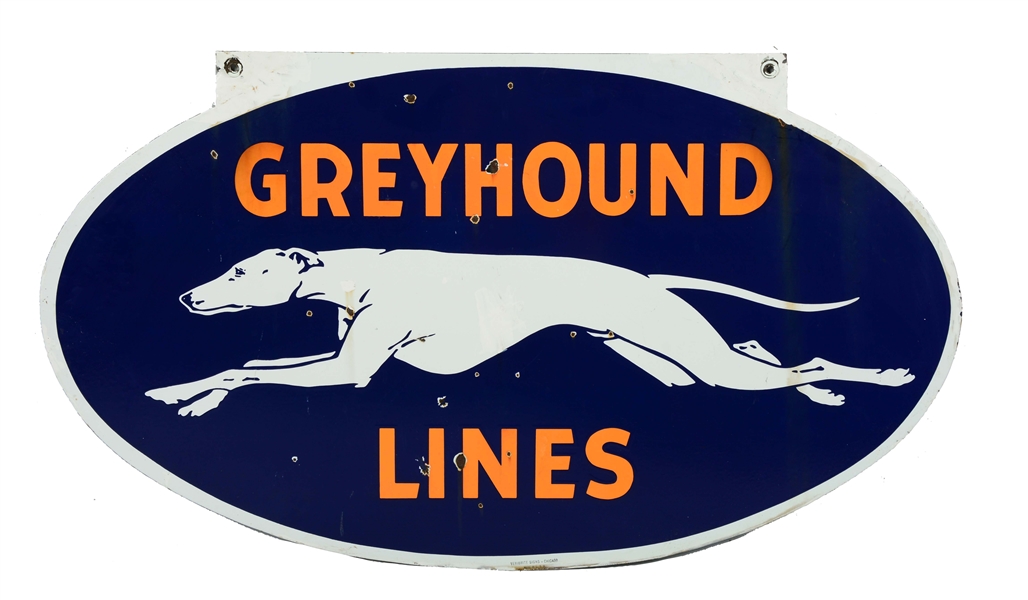 GREYHOUND LINES W/ GREYHOUND DOG GRAPHIC OVAL PORCELAIN SIGN.