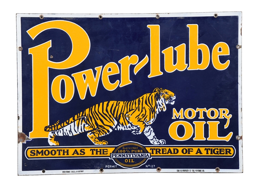 POWER-LUBE MOTOR OIL W/ TIGER GRAPHIC PORCELAIN SIGN.