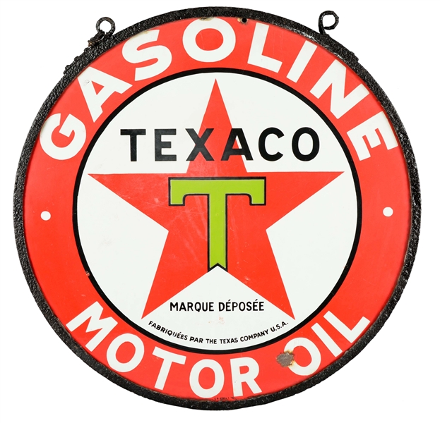 RARE TEXACO (BLACK T) GASOLINE MOTOR OIL PORCELAIN SIGN IN METAL FRAME.