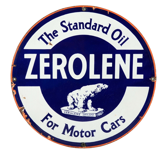 STANDARD OIL ZEROLENE "THE STANDARD OIL FOR MOTOR CARS" PORCELAIN SIGN W/ POLAR BEAR GRAPHIC.
