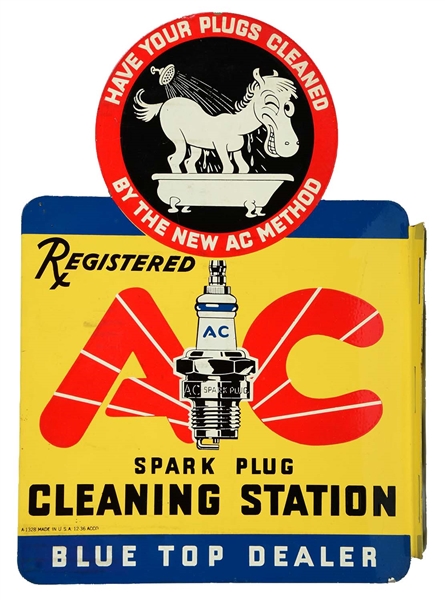 AC SPARK PLUG CLEANING STATION BLUE TOP DEALER TIN FLANGE SIGN.