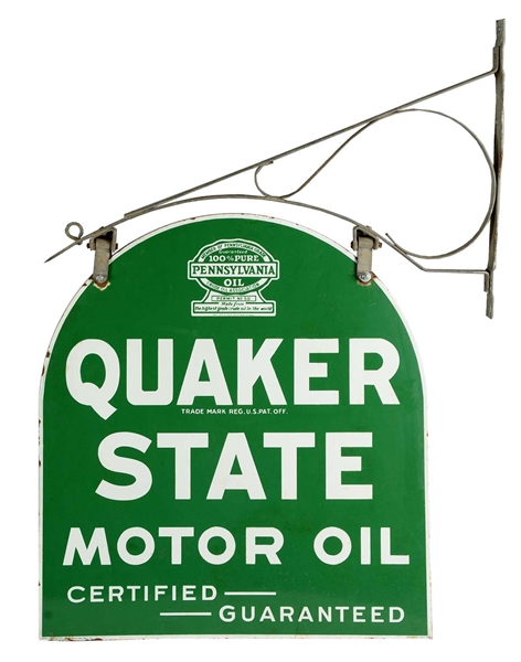 QUAKER STATE MOTOR OIL PORCELAIN TOMBSTONE SIGN W/ ORIGINAL IRON HANGING BRACKET.