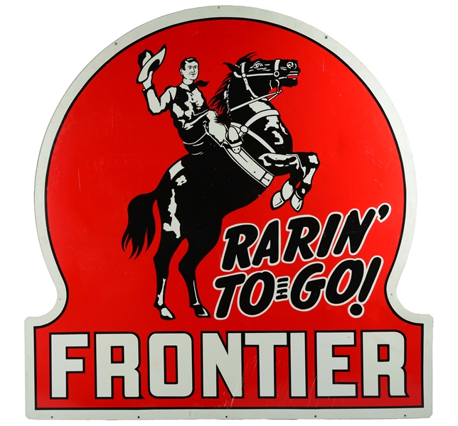 FRONTIER GASOLINE "RARIN-TO-GO" PORCELAIN RED KEY HOLE STATION IDENTIFICATION SIGN W/ DETAILED RIDER. 
