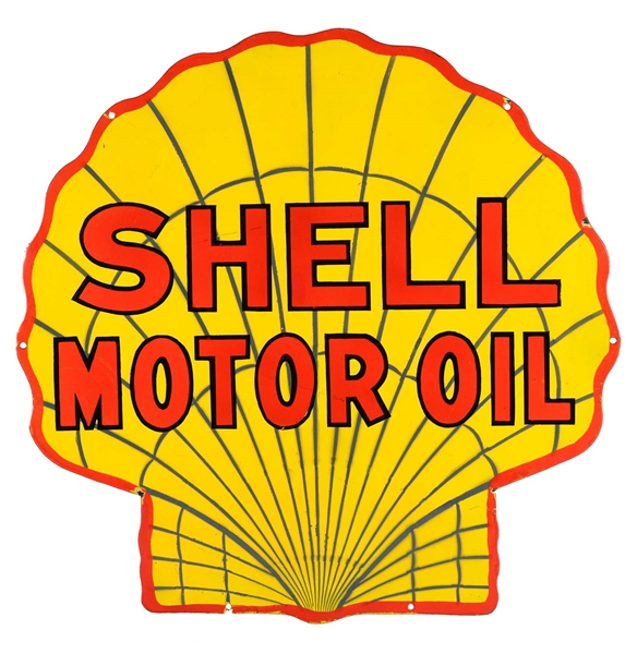 EARLY SHELL MOTOR OIL DIE-CUT CLAMSHELL SHAPED PORCELAIN SIGN.