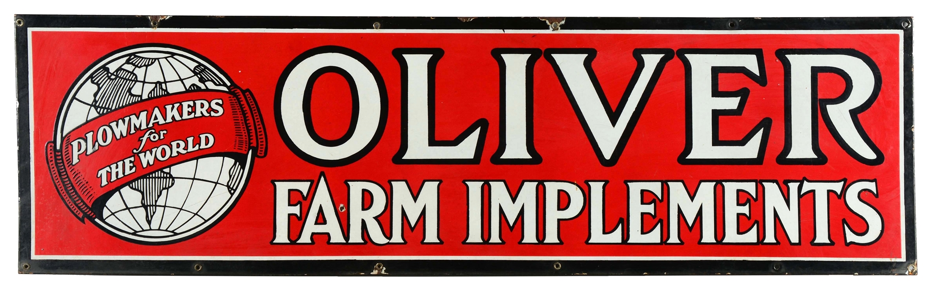 OLIVER FARM IMPLEMENTS W/ GLOBE GRAPHIC PORCELAIN SIGN.