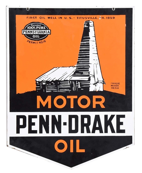 PENN DRAKE MOTOR OIL W/ OIL DERRICK GRAPHIC PORCELAIN SIGN.