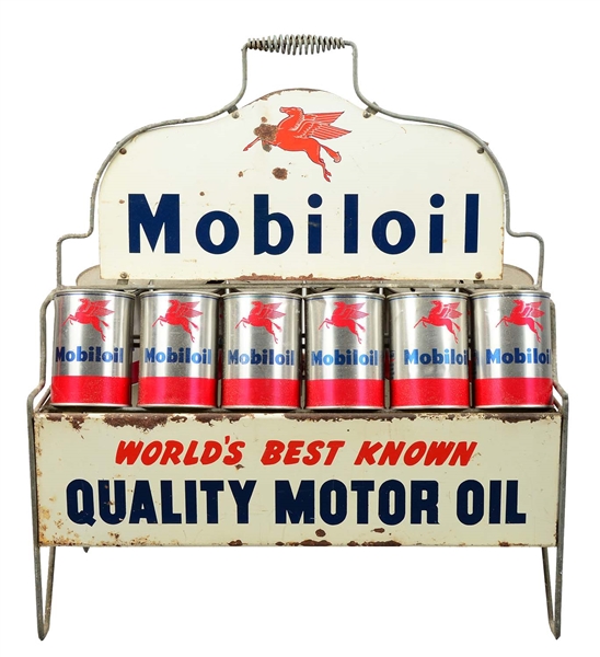 MOBILOIL MOTOR OIL TIN OIL CAN METAL RACK W/ ORIGINAL CANS.