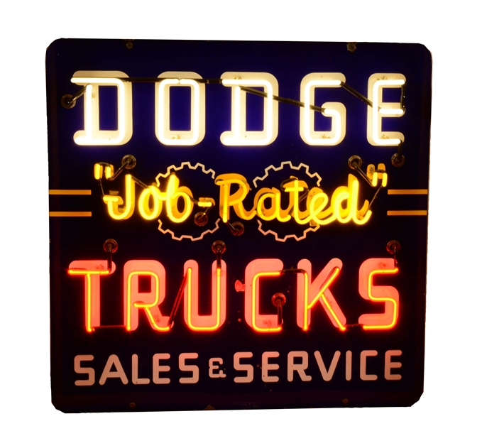 DODGE TRUCKS "JOB RATED" SALES & SERVICE PORCELAIN SIGN W/ NEON.