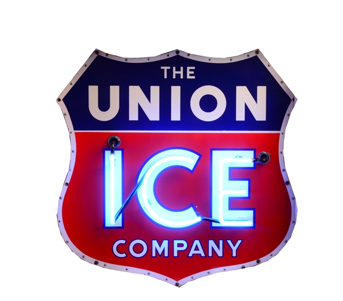 THE UNION ICE COMPANY PORCELAIN SIGN W/ ADDED NEON.