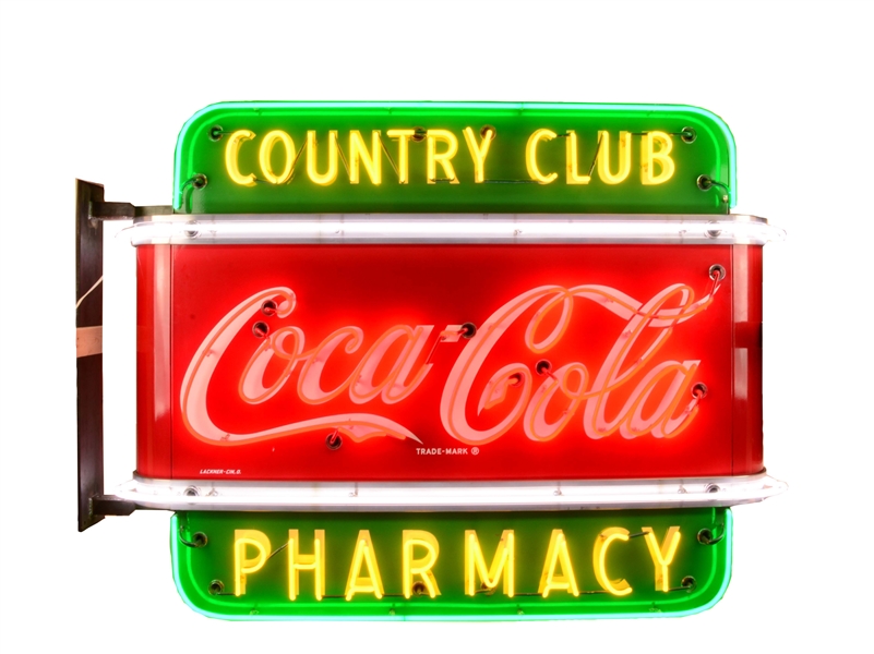 COMPLETE NEW OLD STOCK COCA-COLA COUNTRY CLUB & PHARMACY PORCELAIN NEON SIGN W/ ALUMINUM TRIM.