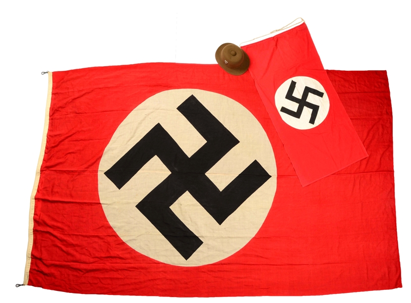 LOT OF 2: NAZI PARTY FLAGS & DAK PITH HELMET.
