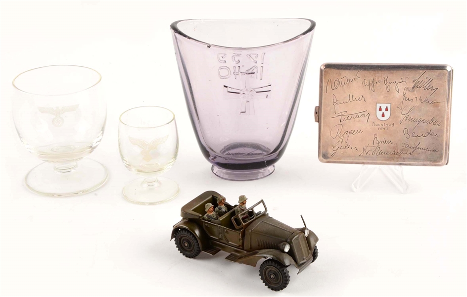 LOT OF 5: WWII GERMAN GLASSWARE, TOY CAR AND CIGARETTE CASE.