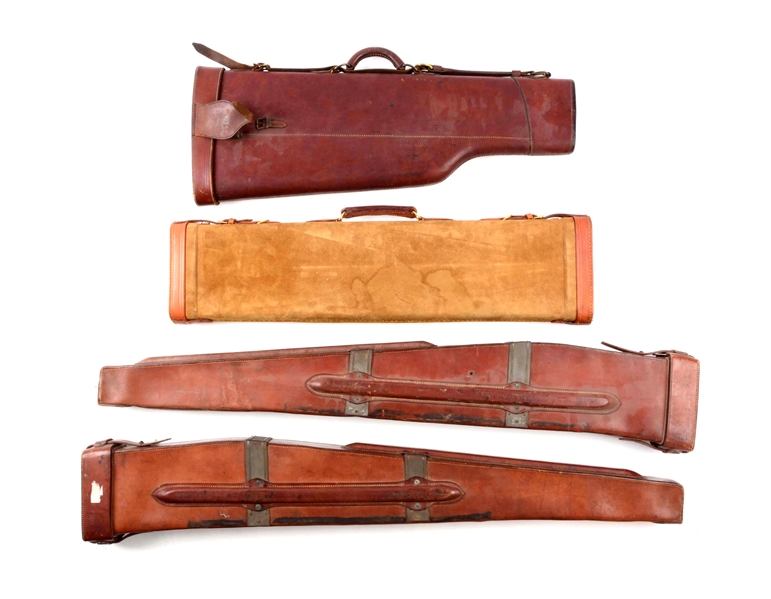 LOT OF 4: LEATHER RIFLE AND SHOTGUN CARRY CASES.