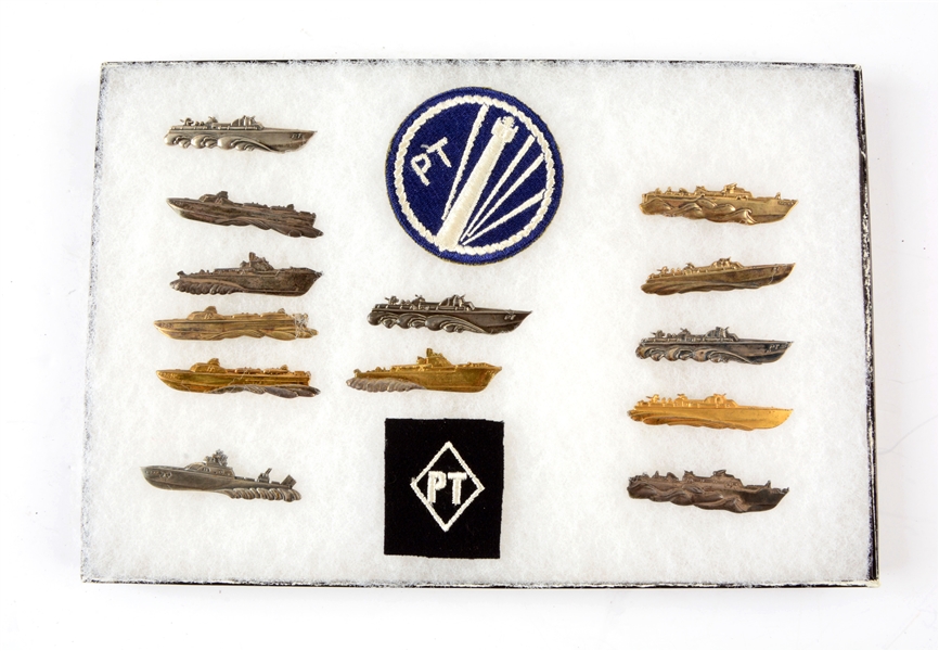 LOT OF 15: WWII 2 PT BOAT PATCHES AND 13 STERLING PT BOAT UNIFORM PINS.