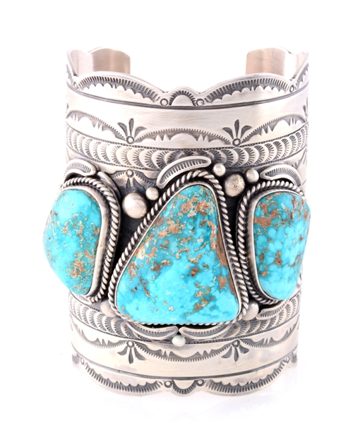 WIDE STERLING & TURQUOISE CUFF.
