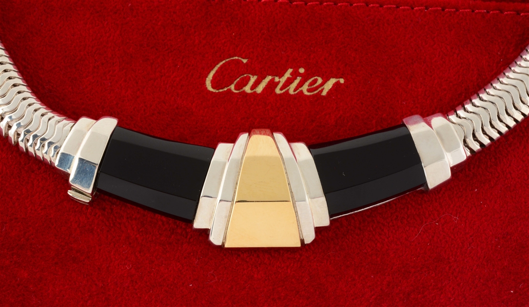 18K YELLOW GOLD, SILVER AND ONYX CARTIER NECKLACE.