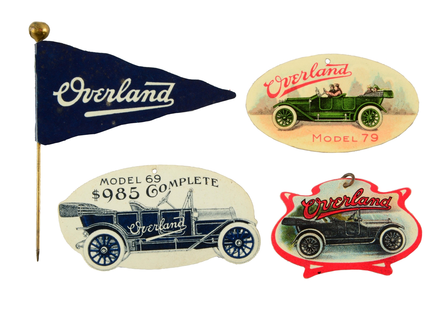 LOT OF 4: OVERLAND AUTOMOBILE ADVERTISING PINS. 