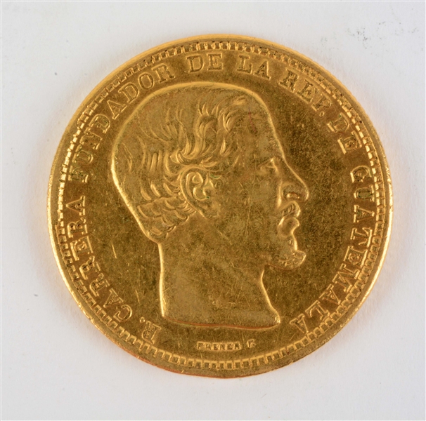 GOLD 1869 GUATEMALA 20 PESOS.