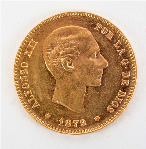 GOLD 1879 SPAIN 25 PESETAS.