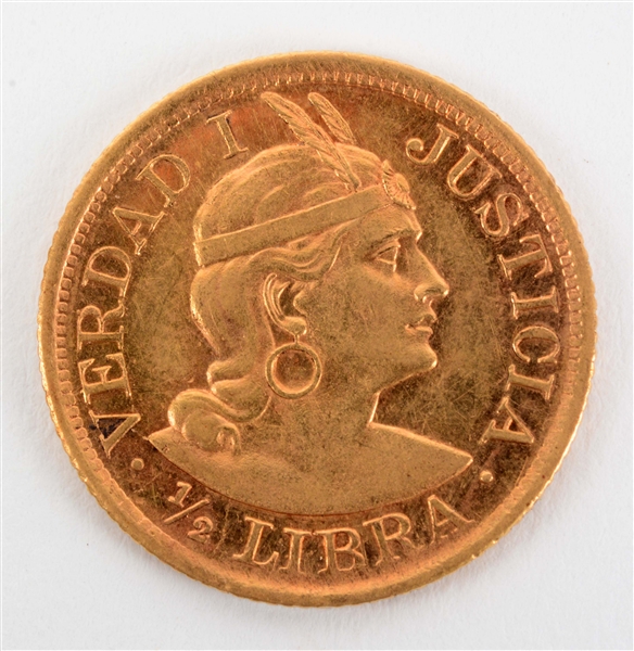 GOLD 1907 PERU 1/2 LIBRA.