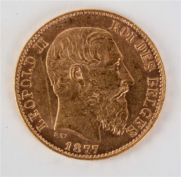 GOLD 1877 BELGIUM 20 FRANCS.