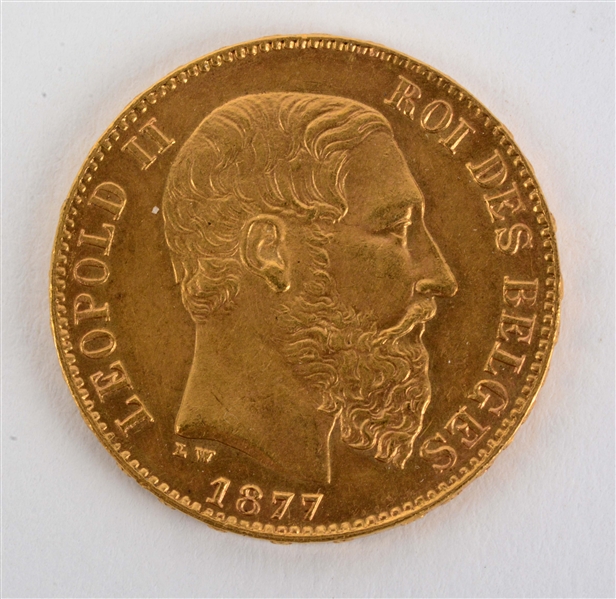 GOLD 1877 BELGIUM 20 FRANCS.