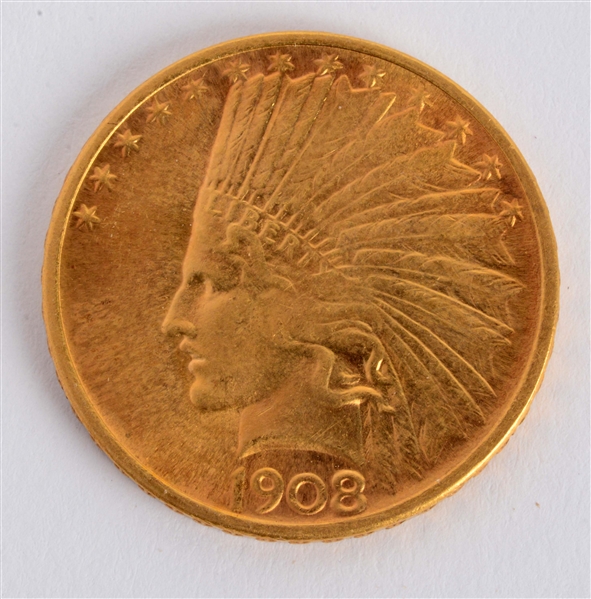 1908 D $10 GOLD INDIAN EAGLE.
