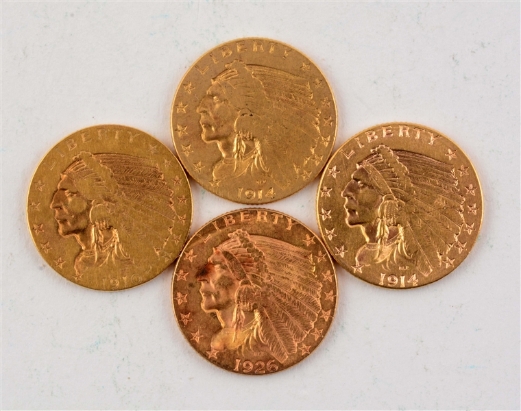 LOT OF 4: $2-1/2 GOLD INDIAN HEAD COINS.  