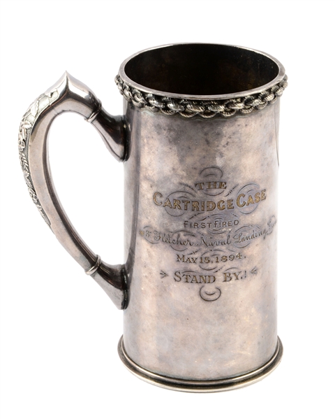 SILVER PLATED SHELL CASING MUG PRESENTED TO ADMIRAL FRANK FLETCHER 1895.