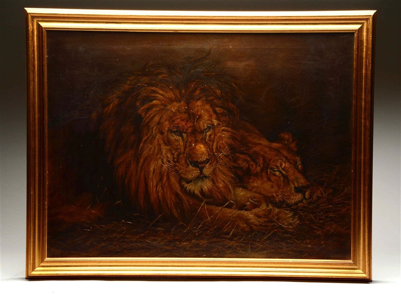 OIL PAINTING OF A LION W/ HIS LIONESS.
