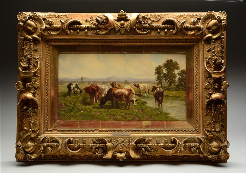 OIL PAINTING OF A CATTLE SCENE IN PASTURE.