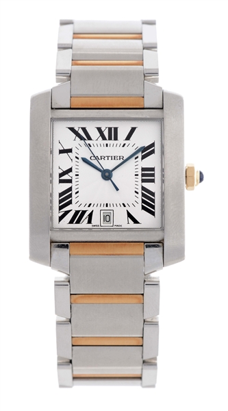 CARTIER TANK FRANCAISE WITH DATE TWO TONE WATCH.