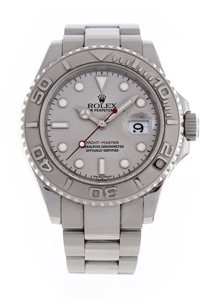 ROLEX YACHTMASTER IN STAINLESS STEEL WITH PLATINUM DIAL WITH BOX AND PAPERS.