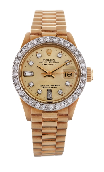 LADIES ROLEX 18K YELLOW GOLD PRESIDENTIAL WITH DIAMOND DIAL.