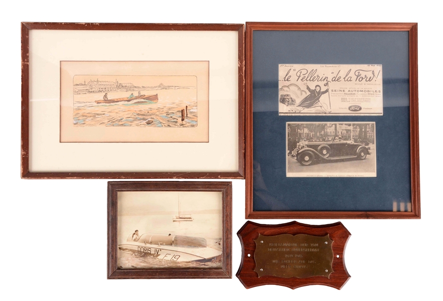 LOT OF 4: AUTOMOTIVE & BOATING PHOTOS & PLAQUE.