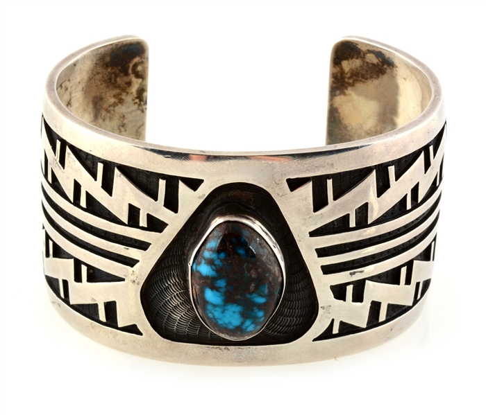HOPI OVERLAY CUFF WITH ONE CENTRAL BLUE TURQUOISE CABOCHON