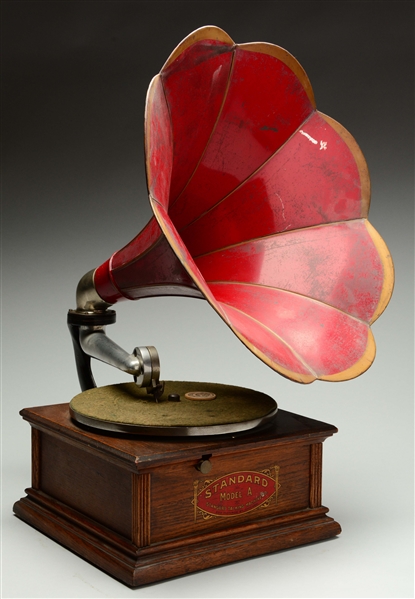 A STANDARD MODEL A PHONOGRAPH W/ MORNING GLORY HORN.