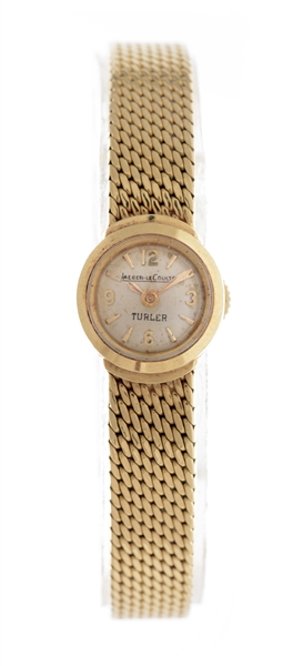 JAEGER-LECOULTRE YELLOW GOLD LADIES WATCH BY TURLER WITH MESH BRACELET.
